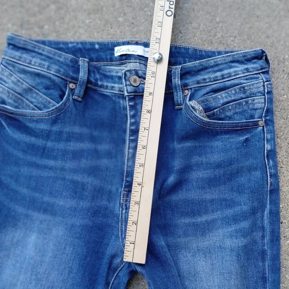 KanCan Bell Bottom Jeans Womens 30 Blue Denim Back Seam Split Hem Frayed